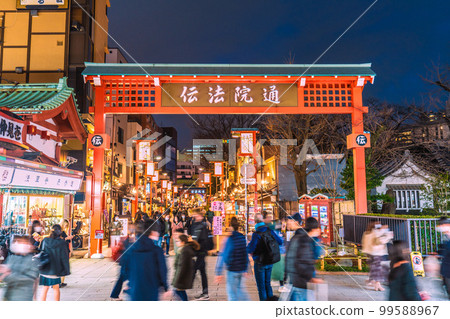 Tokyo cityscape in Japan Looking at the bustling Denpoin Street from Sensoji Temple and Nakamise Street = February 20 Tokyo cityscape in Japan Looking at the bustling Denpoin Street from Sensoji Temple and Nakamise Street = February 20 99588967