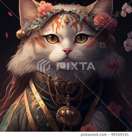Portrait of a beautiful white and red cat in an oriental kimono on a dark background Portrait of a beautiful white and red cat in an oriental kimono on a dark background 99589191