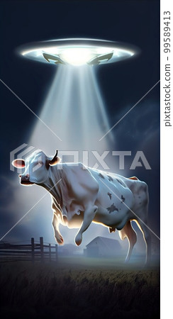 3D Illustration of Man and cow floating to inside of ufo alien ship. Concept of alien abduction ai generated image 99589413