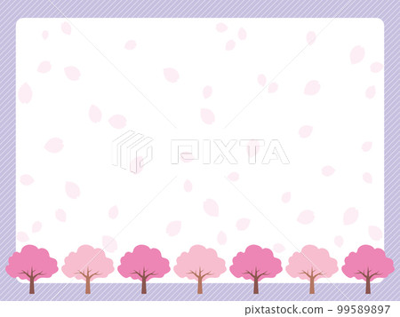 Illustration of a row of cherry blossom trees with petals dancing in the background and a diagonal stripe pattern background (purple) 99589897
