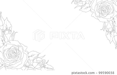 Rectangular frame of a rose and leaves in line art style. Vector illustration. Hand drawn flower. Black and white drawing.For the design of wedding invitations, greeting cards, labels, business cards Rectangular frame of a rose and leaves in line art style. Vector illustration. Hand drawn flower. Black and white drawing.For the design of wedding invitations, greeting cards, labels, business cards 99590038