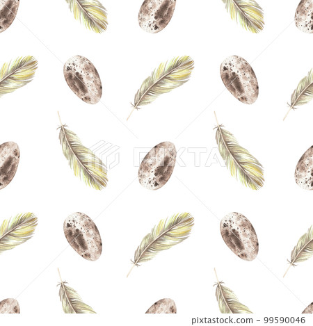 Feathers and eggs seamless pattern. Watercolor illustration. Isolated on a white background. Boho style print. For the design of bed linen, pillows, wrapping paper, napkins, towels, fabric 99590046