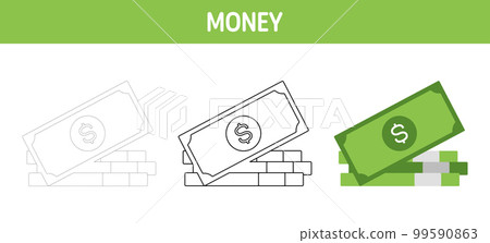 Money tracing and coloring worksheet for kids 99590863