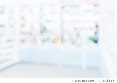 Background of blurred qualified pharmacy abstract background with drugs on shelf 99591337