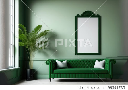 Green modern interior living room design with empty picture frame template 99591785