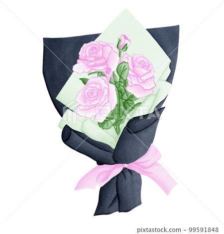 Love Roses Flowers Bouquet Romantic Watercolor Clipart. Paris In Love collection with pink roses flowers wrapped in green pastel and black paper as flower bouquet for romantic design element, love Love Roses Flowers Bouquet Romantic Watercolor Clipart. Paris In Love collection with pink roses flowers wrapped in green pastel and black paper as flower bouquet for romantic design element, love 99591848