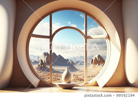A room with round glass window overlooking beautiful landscape background 99592194