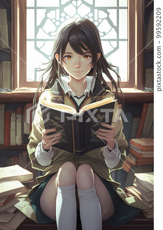 beautiful girl reading a book in the library 99592209