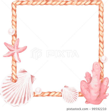 Watercolor vector illustration. Square rope frame with seashells, corals and pearls. place for text. Isolated on a white background. For the design social network posts, stickers on a marine theme Watercolor vector illustration. Square rope frame with seashells, corals and pearls. place for text. Isolated on a white background. For the design social network posts, stickers on a marine theme 99592210