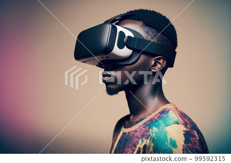 African man wearing virtual reality goggles standing studio clean background 99592315
