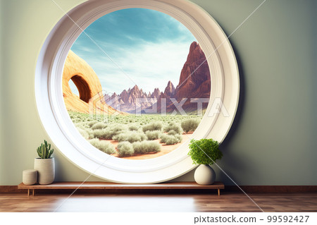 A room with round glass window overlooking beautiful landscape background A room with round glass window overlooking beautiful landscape background 99592427
