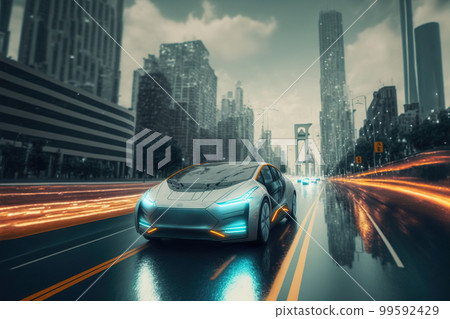 Fast electric car with futuristic autonomous sensor software driving on road 99592429