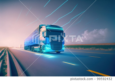 Self driving futuristic freight truck deliver goods to warehouse on city highway 99592432