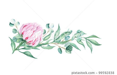 Watercolor pink peony and eucalyptus garland isolated on white background. Hand drawn botanical illustration. Can be used for wedding, birthday, save the date, greeting cards design. 99592838