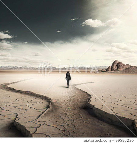 AI generated illustration of a lone figure wanders through the desert 99593250