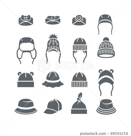 Baby hats solid silhouette icons. Simple flat pictograms of children clothes. Cute hats, caps, sun hats for newborn child, toddler, little boy or girl. Kids wardrobe garment. Warm hat with bear ears 99593258