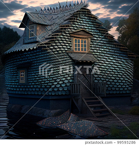 Fantastic fishing house on the river. The house is covered with scales, unusual design, creative building 99593286