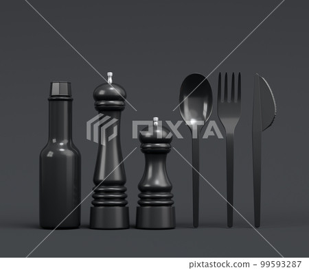 Set of disposable utensils like folk, spoon,knife, cup and pepper mill Set of disposable utensils like folk, spoon,knife, cup and pepper mill 99593287