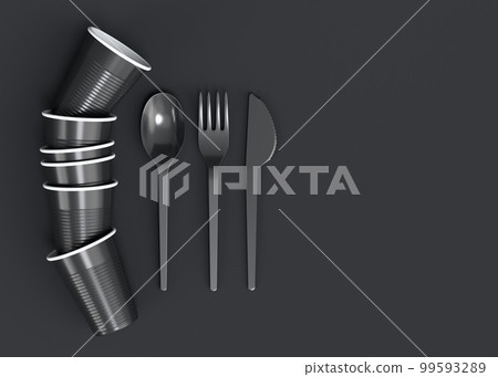 Set of disposable utensils like plate, folk, spoon and cup on monochrome black Set of disposable utensils like plate, folk, spoon and cup on monochrome black 99593289