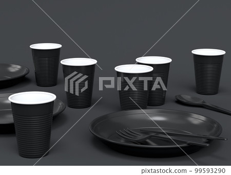 Set of disposable utensils like plate, folk, spoon and cup on monochrome black Set of disposable utensils like plate, folk, spoon and cup on monochrome black 99593290