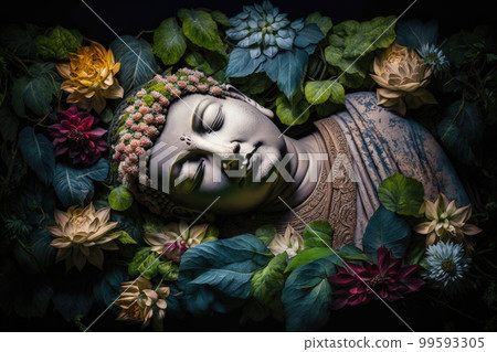 AI generated Buddha lying down, surrounded by flowers, Buddha achieved final liberation and passed away 99593305