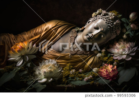 AI generated Buddha lying down, surrounded by flowers, Buddha achieved final liberation and passed away 99593306