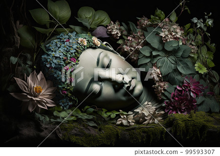 AI generated Buddha lying down, surrounded by flowers, Buddha achieved final liberation and passed away 99593307