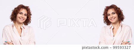 Smiling and happy young girl. Curly chestnut-colored hair. Panoramic view. 99593327