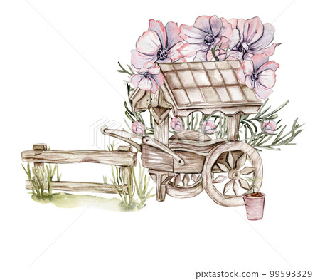 Watercolor composition of an old wooden cart and pink flower.An old rusty enamel element. Hand-drawn illustration with watercolour on a white background.Perfect for wedding invitation, greetings card. Watercolor composition of an old wooden cart and pink flower.An old rusty enamel element. Hand-drawn illustration with watercolour on a white background.Perfect for wedding invitation, greetings card. 99593329