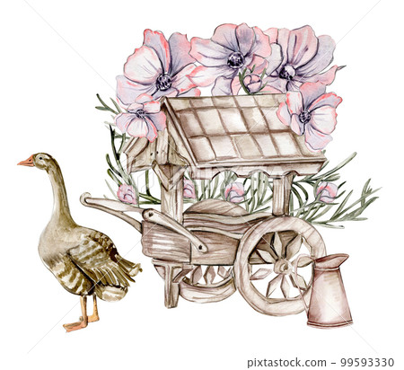 Watercolor composition of an old wooden cart and pink flower with goose . Hand-drawn illustration with watercolour on a white background.Perfect for wedding invitation, greetings card. Watercolor composition of an old wooden cart and pink flower with goose . Hand-drawn illustration with watercolour on a white background.Perfect for wedding invitation, greetings card. 99593330