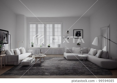 Stylish scandinavian living room with design mint sofa, furnitures, mock up poster map, plants and elegant personal accessories. Modern home decor. Bright and sunny room. Generative AI illustration. Stylish scandinavian living room with design mint sofa, furnitures, mock up poster map, plants and elegant personal accessories. Modern home decor. Bright and sunny room. Generative AI illustration. 99594085