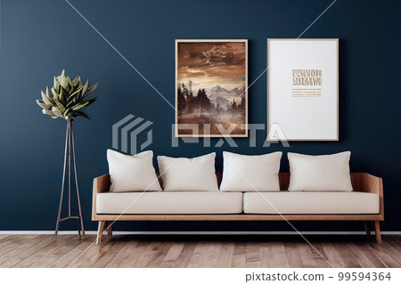 Stylish scandinavian living room with design mint sofa, furnitures, mock up poster map, plants and elegant personal accessories. Modern home decor. Bright and sunny room. Generative AI illustration. 99594364