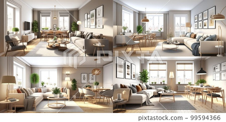 Stylish scandinavian living room with design mint sofa, furnitures, mock up poster map, plants and elegant personal accessories. Modern home decor. Bright and sunny room. Generative AI illustration. 99594366