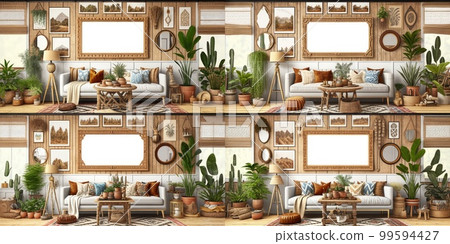 Stylish scandinavian living room with design mint sofa, furnitures, mock up poster map, plants and elegant personal accessories. Modern home decor. Bright and sunny room. Generative AI illustration. 99594427
