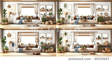 Stylish scandinavian living room with design mint sofa, furnitures, mock up poster map, plants and elegant personal accessories. Modern home decor. Bright and sunny room. Generative AI illustration. 99594687