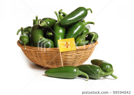 Green Jalapeno Peppers With Flag of New Mexico Isolated on White Background Green Jalapeno Peppers With Flag of New Mexico Isolated on White Background 99594842