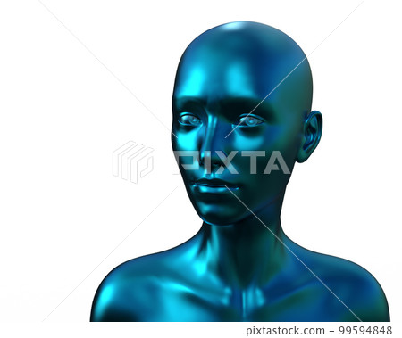 3d illustration. Portrait of a blue bald woman on a white background. 3d illustration. Portrait of a blue bald woman on a white background. 99594848