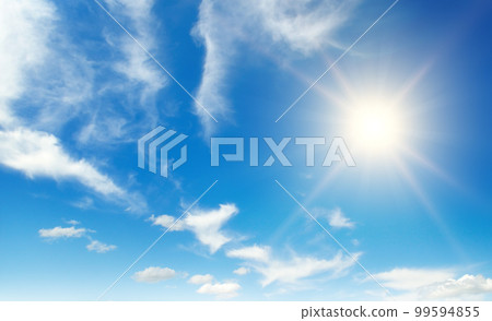 Bright sun on beautiful blue sky with white clouds. Bright sun on beautiful blue sky with white clouds. 99594855