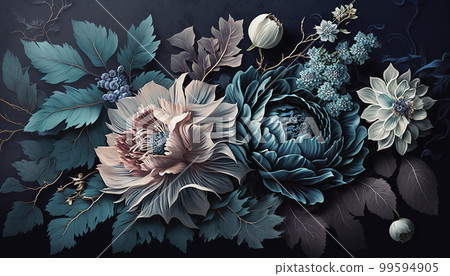 Oil flower painting, botanic print on canvas, greeting card, nature concept. Generated AI. 99594905