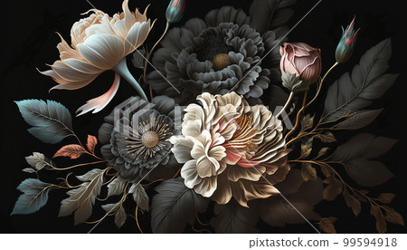 Oil flower painting, botanic print on canvas, greeting card, nature concept. Generated AI. 99594918