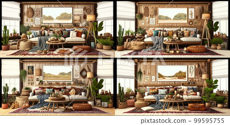 Stylish scandinavian living room with design mint sofa, furnitures, mock up poster map, plants and elegant personal accessories. Modern home decor. Bright and sunny room. Generative AI illustration. Stylish scandinavian living room with design mint sofa, furnitures, mock up poster map, plants and elegant personal accessories. Modern home decor. Bright and sunny room. Generative AI illustration. 99595755