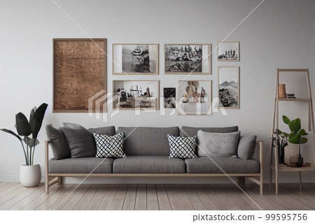 Stylish scandinavian living room with design mint sofa, furnitures, mock up poster map, plants and elegant personal accessories. Modern home decor. Bright and sunny room. Generative AI illustration. 99595756