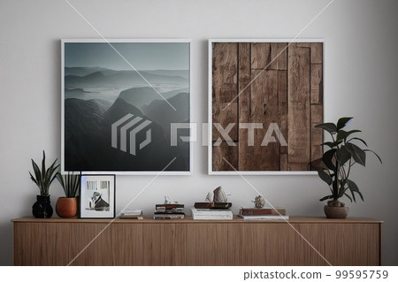 Stylish scandinavian living room with design mint sofa, furnitures, mock up poster map, plants and elegant personal accessories. Modern home decor. Bright and sunny room. Generative AI illustration. Stylish scandinavian living room with design mint sofa, furnitures, mock up poster map, plants and elegant personal accessories. Modern home decor. Bright and sunny room. Generative AI illustration. 99595759