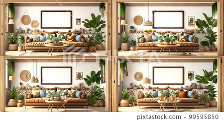 Stylish scandinavian living room with design mint sofa, furnitures, mock up poster map, plants and elegant personal accessories. Modern home decor. Bright and sunny room. Generative AI illustration. Stylish scandinavian living room with design mint sofa, furnitures, mock up poster map, plants and elegant personal accessories. Modern home decor. Bright and sunny room. Generative AI illustration. 99595850