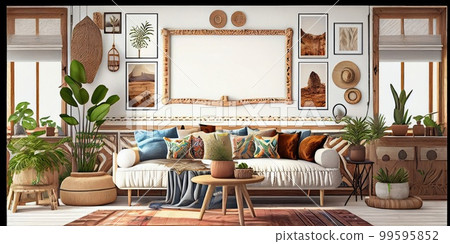 Stylish scandinavian living room with design mint sofa, furnitures, mock up poster map, plants and elegant personal accessories. Modern home decor. Bright and sunny room. Generative AI illustration. Stylish scandinavian living room with design mint sofa, furnitures, mock up poster map, plants and elegant personal accessories. Modern home decor. Bright and sunny room. Generative AI illustration. 99595852