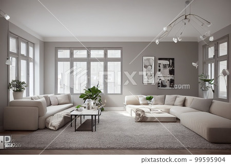 Stylish scandinavian living room with design mint sofa, furnitures, mock up poster map, plants and elegant personal accessories. Modern home decor. Bright and sunny room. Generative AI illustration. Stylish scandinavian living room with design mint sofa, furnitures, mock up poster map, plants and elegant personal accessories. Modern home decor. Bright and sunny room. Generative AI illustration. 99595904