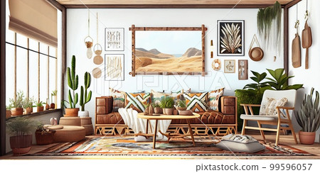 Stylish scandinavian living room with design mint sofa, furnitures, mock up poster map, plants and elegant personal accessories. Modern home decor. Bright and sunny room. Generative AI illustration. 99596057