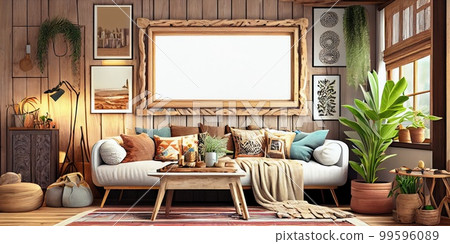 Stylish scandinavian living room with design mint sofa, furnitures, mock up poster map, plants and elegant personal accessories. Modern home decor. Bright and sunny room. Generative AI illustration. 99596089