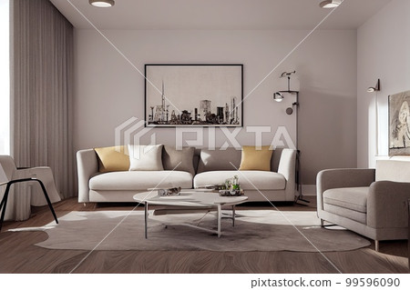 Stylish scandinavian living room with design mint sofa, furnitures, mock up poster map, plants and elegant personal accessories. Modern home decor. Bright and sunny room. Generative AI illustration. Stylish scandinavian living room with design mint sofa, furnitures, mock up poster map, plants and elegant personal accessories. Modern home decor. Bright and sunny room. Generative AI illustration. 99596090
