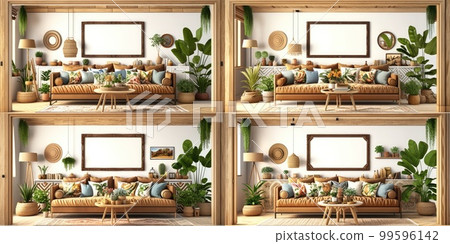 Stylish scandinavian living room with design mint sofa, furnitures, mock up poster map, plants and elegant personal accessories. Modern home decor. Bright and sunny room. Generative AI illustration. Stylish scandinavian living room with design mint sofa, furnitures, mock up poster map, plants and elegant personal accessories. Modern home decor. Bright and sunny room. Generative AI illustration. 99596142